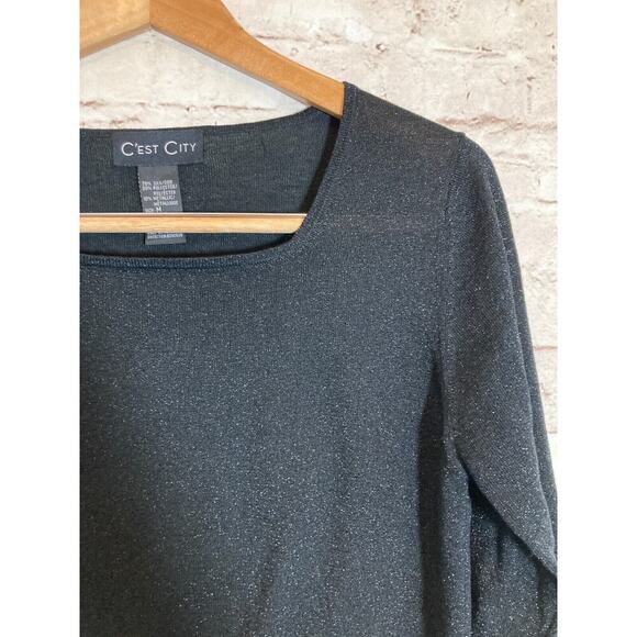 C'Est City Top Womens Medium Silk All Over Glitter Black Long Sleeve Stretch - Picture 3 of 11